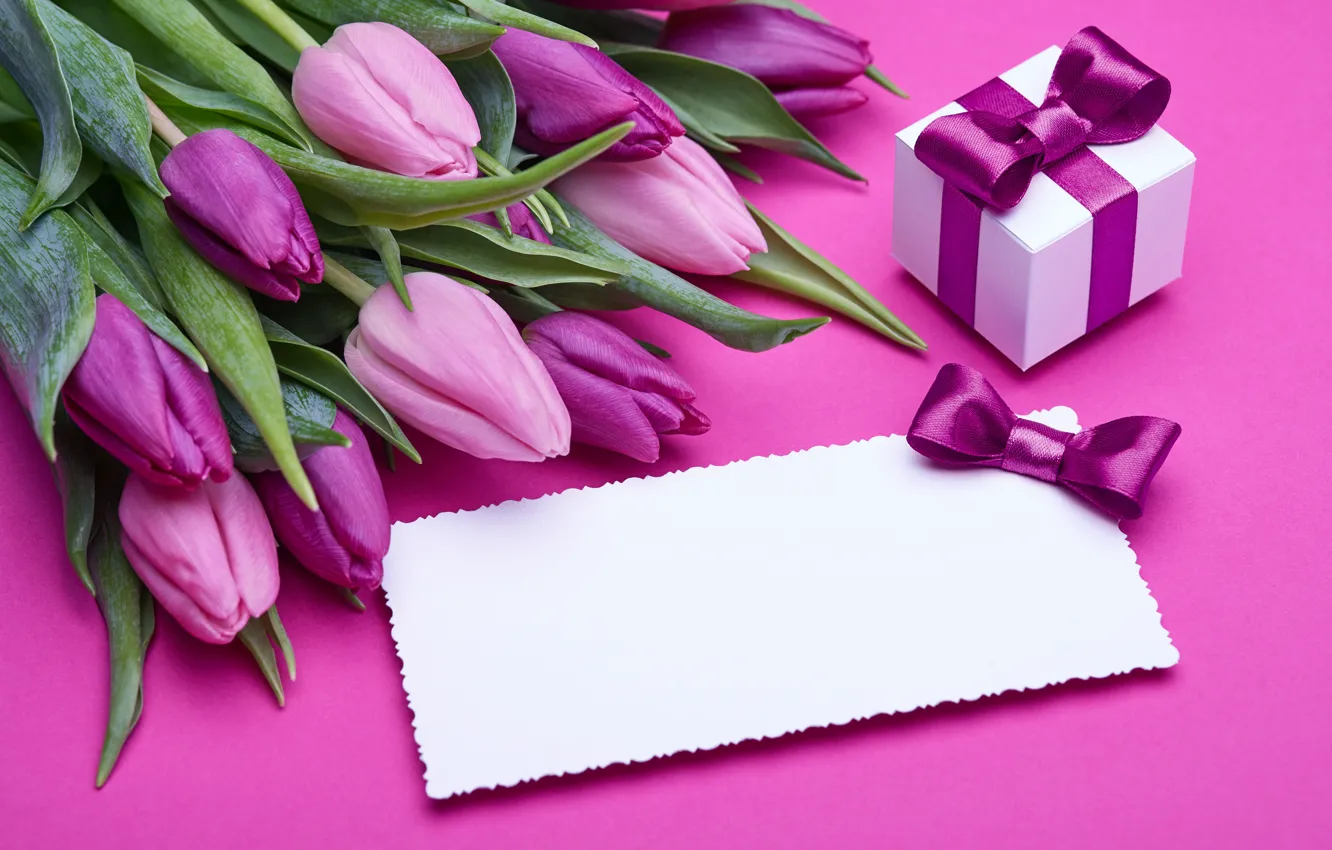Фото обои букет, тюльпаны, love, розовые, бант, fresh, pink, flowers