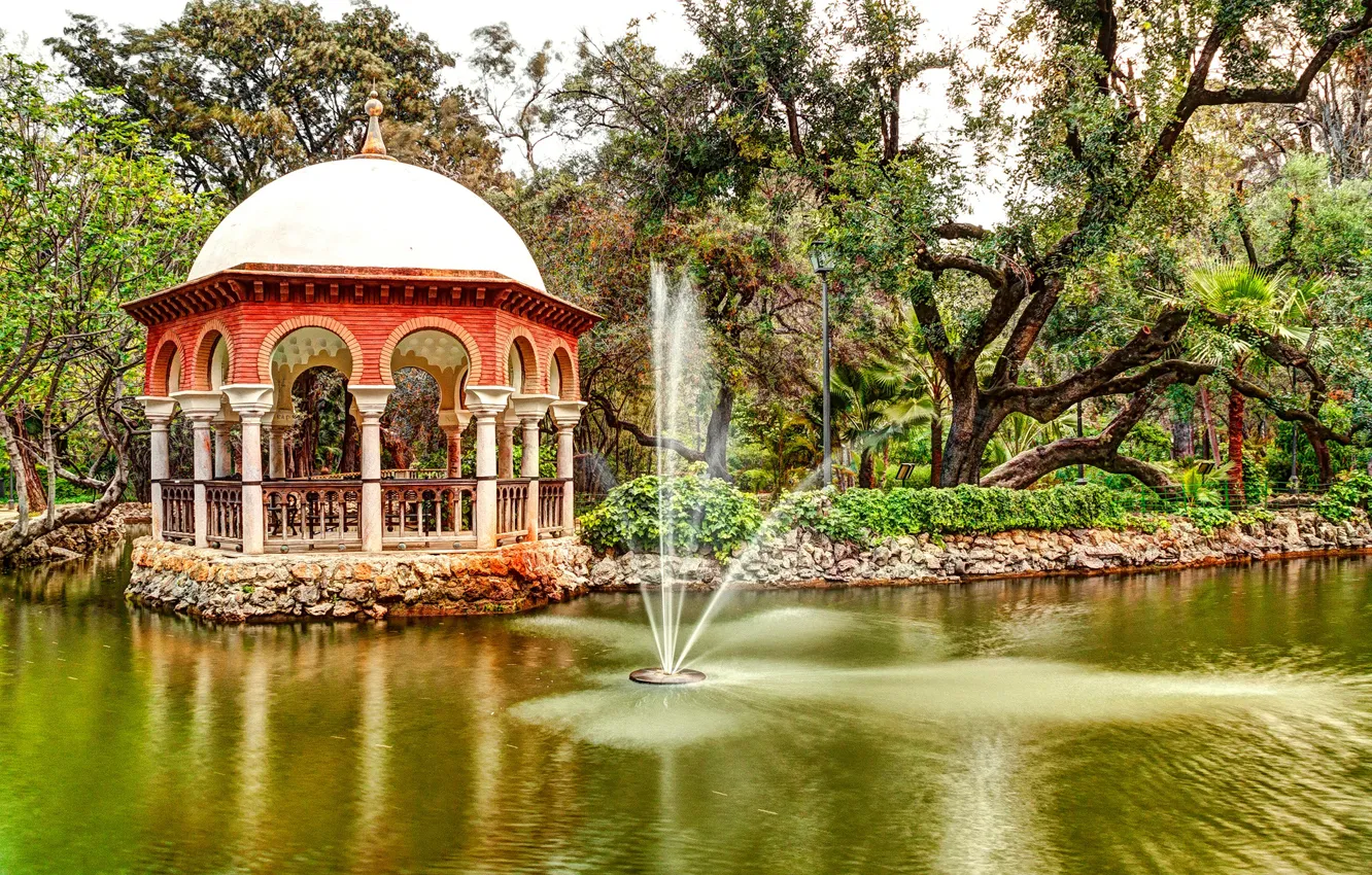 Фото обои зелень, деревья, пруд, парк, камни, фонтан, Испания, беседка