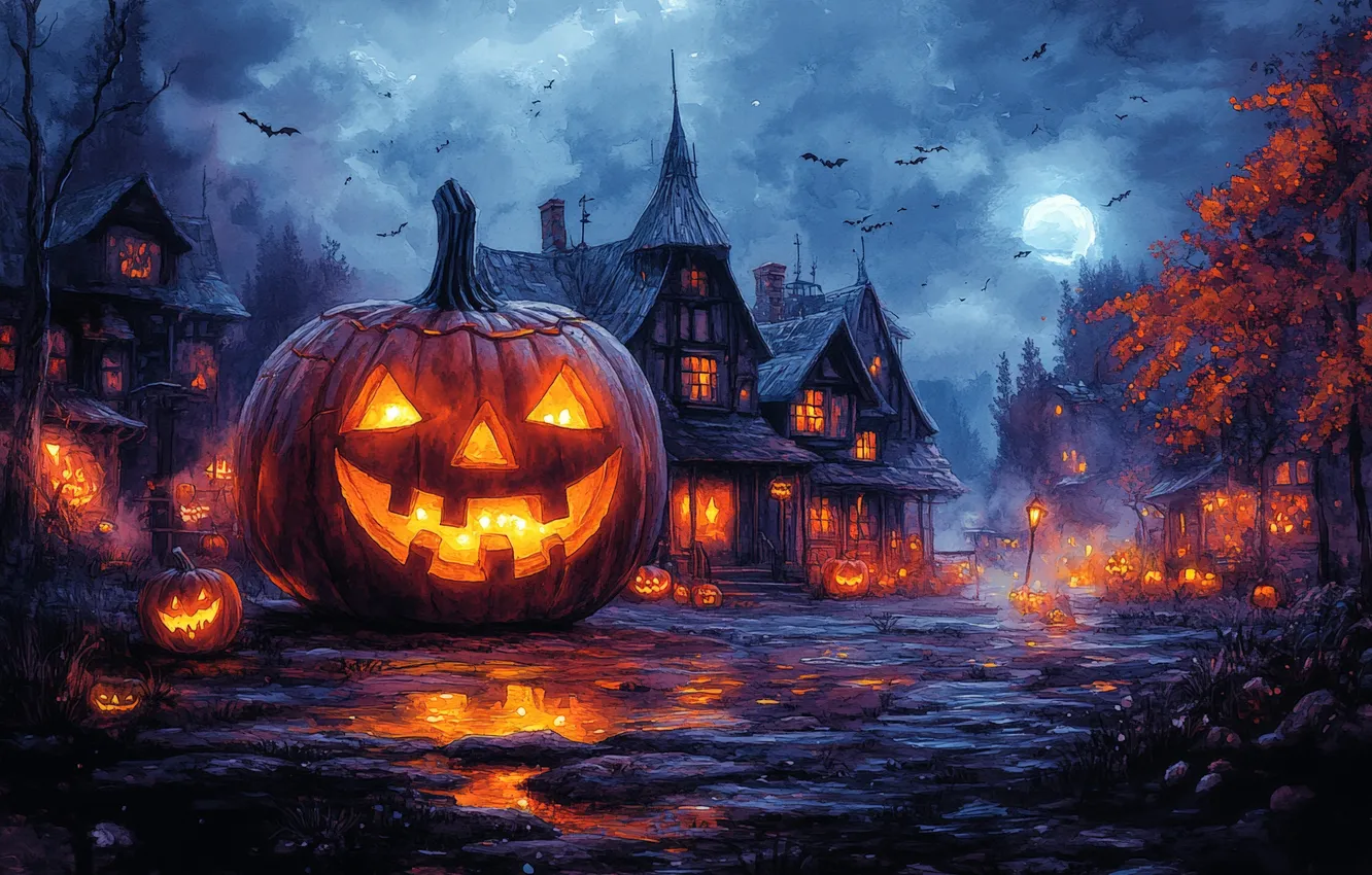 Фото обои Облака, Дома, Ночь, Луна, Тыквы, Halloween, Хэллоуин, Цифровое искусство