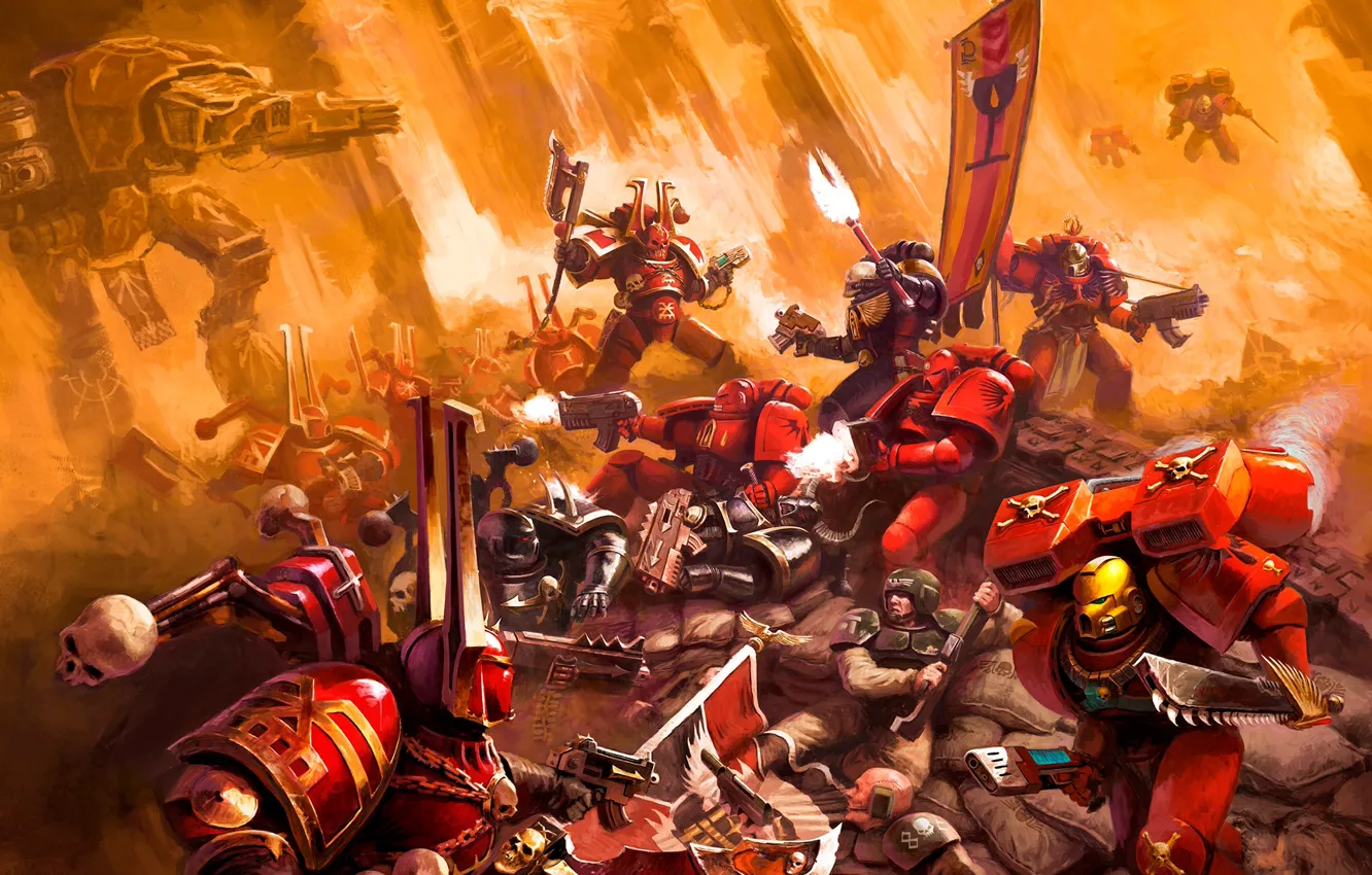 Фото обои битва, Space Marine, Warhammer 40000, Chaos, хаос, космодесант, титан, имперская гвардия