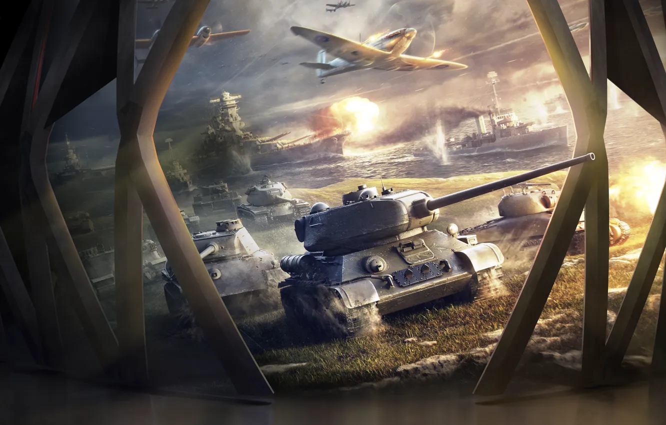 Фото обои Самолеты, Корабли, Танки, Game, World of Tanks, World of Warplanes, T-34-85, World Of Warship