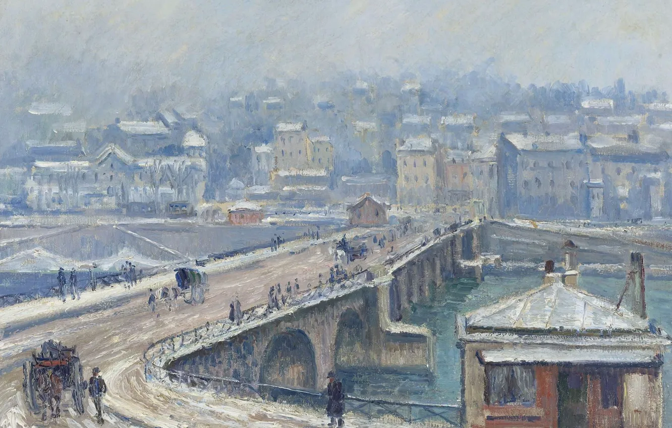 Фото обои зима, картина, городской пейзаж, Georges Henri Manzana Pissarro, Жорж-Анри Манзана-Писсарро, Мост в Сен-Клу под Снегом