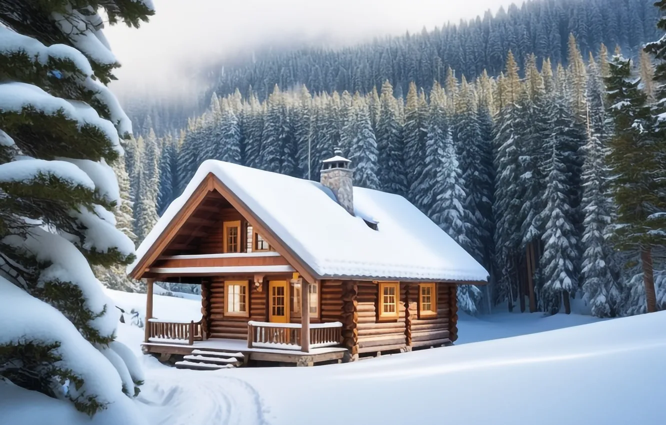 Фото обои зима, лес, снег, деревья, горы, елки, домик, house