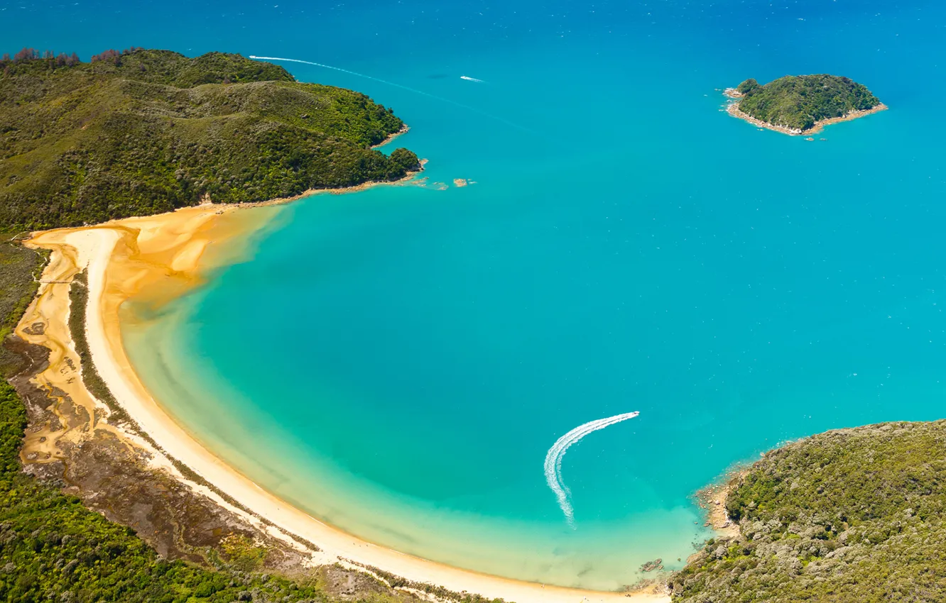 Фото обои beach, ocean, coast, boat, new zealand, national park, abel tasman