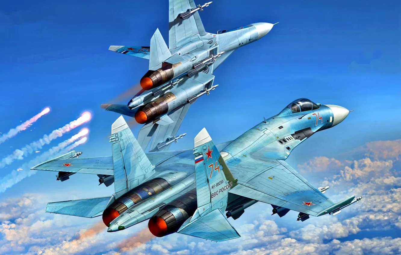 Фото обои Пара, многоцелевой, высокоманевренный, ВКС России, всепогодный истребитель-перехватчик, самолет завоевания превосходства в воздухе, Cу-27