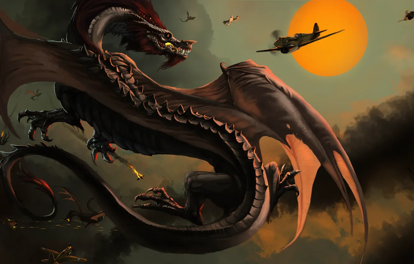 Фото обои Монстры, Самолеты, Бой, Битва, Dragon, Арт, Драконы, Фантастика