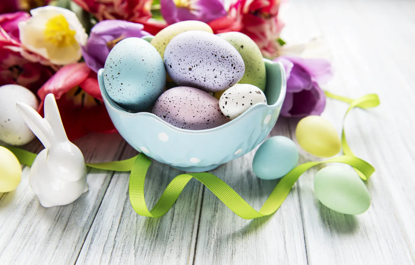 Фото обои яйца, весна, кролик, Пасха, лента, декор, eggs, Olena Rudo