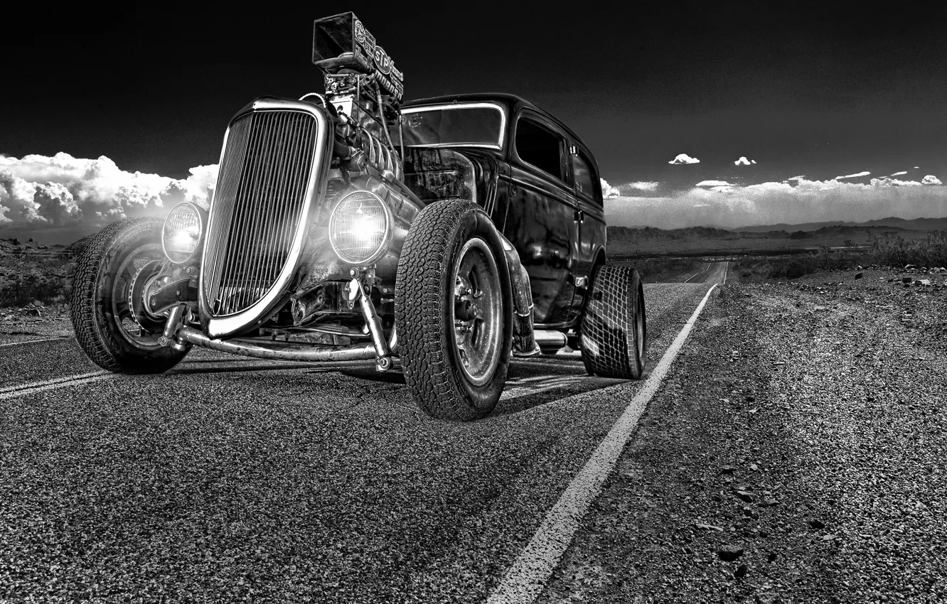 Фото обои дорога, ретро, фары, классика, передок, hot-rod, classic car