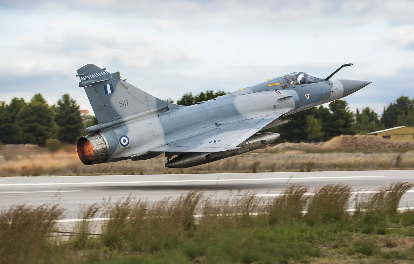 Фото обои Трава, Деревья, Истребитель, Форсаж, Mirage 2000, ВВС Греции, Hellenic Air Force, Dassault Mirage 2000