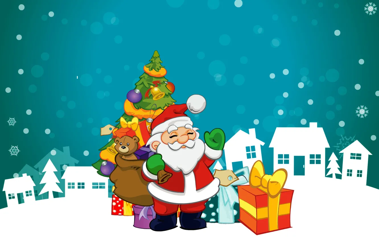 Фото обои снежинки, Новый Год, Рождество, подарки, Санта