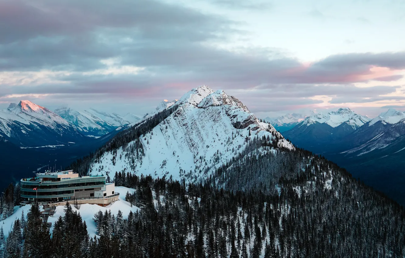 Фото обои облака, Горы, Канада, Canada, Winter, Ski Resort, горнолыжный курорт, Banff Forest Park
