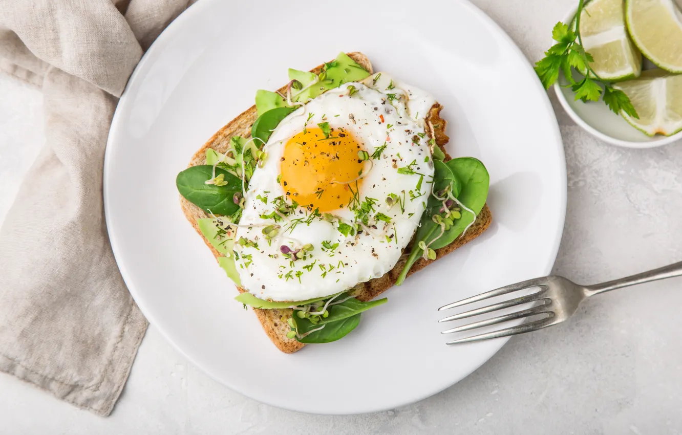 Фото обои завтрак, тарелка, лайм, яичница, breakfast, авокадо, egg, тост