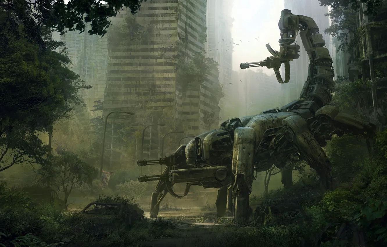 Фото обои машина, город, оружие, робот, арт, скорпион, руины, andreewallin