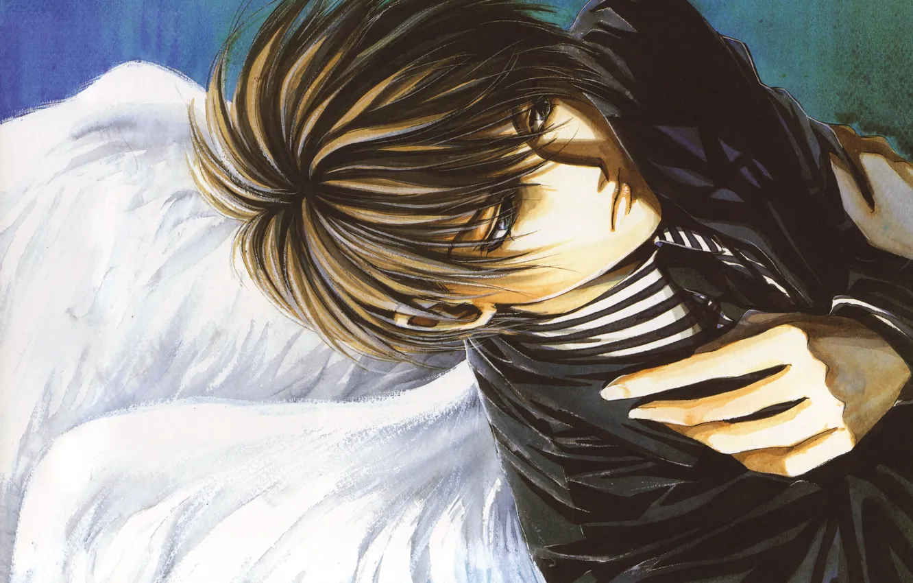 Фото обои крылья, руки, галстук, парень, пиджак, грустный ангел, Angel sanctuary, Kaori Yuki