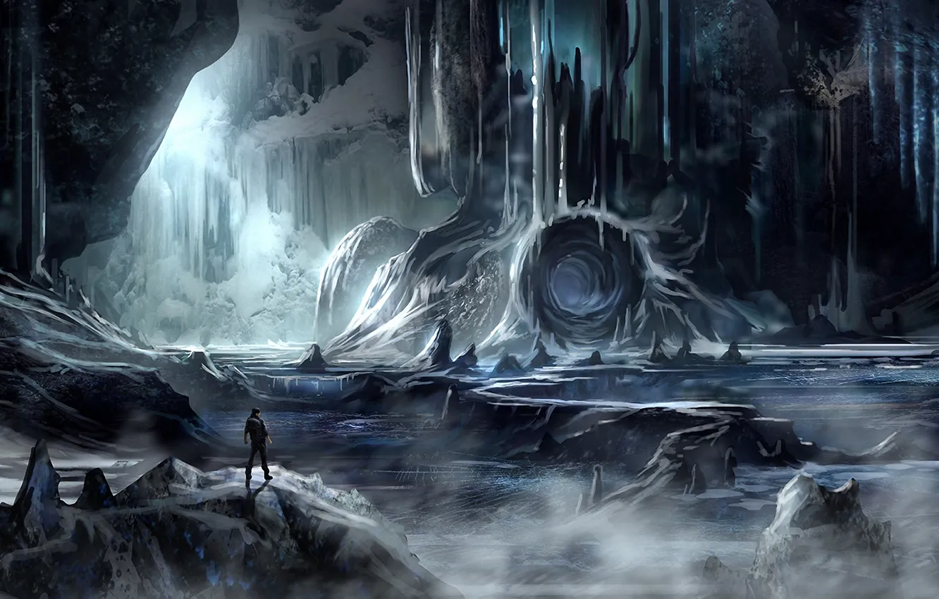 Фото обои холод, лед, человек, арт, пещера