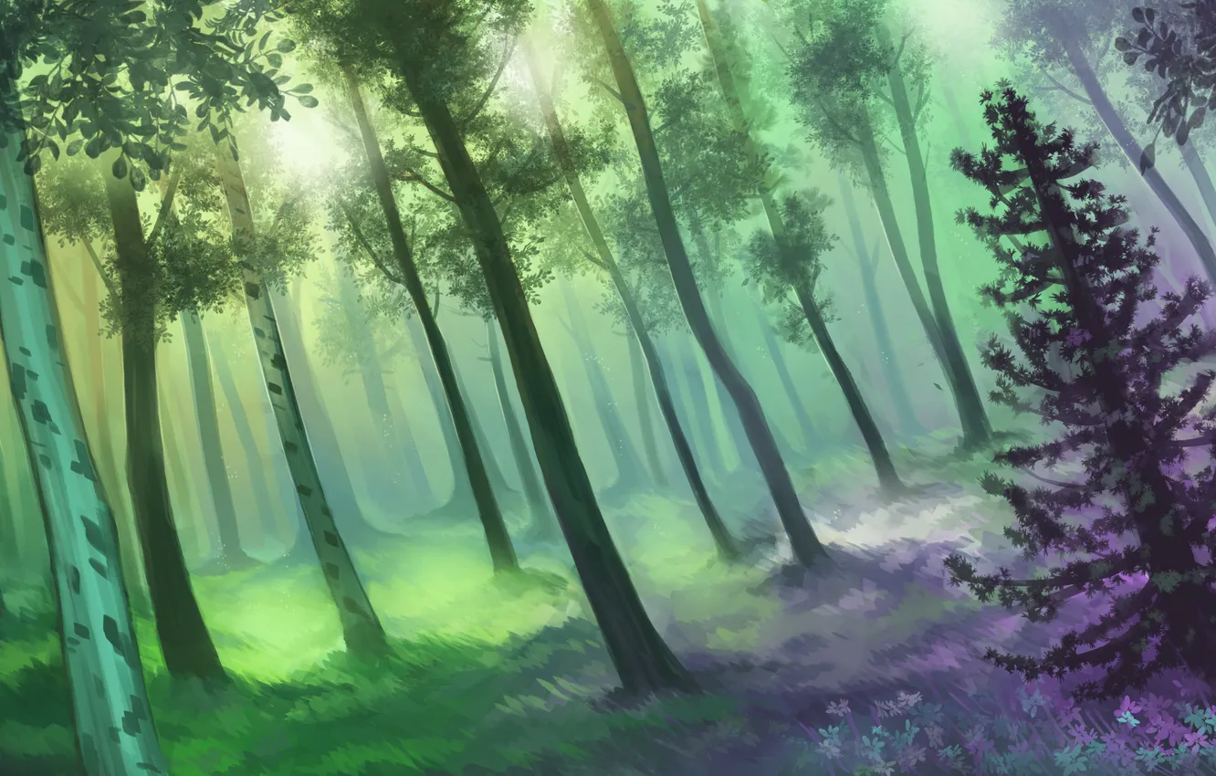 Фото обои зелень, лес, солнце, цветы, арт, нарисованный пейзаж