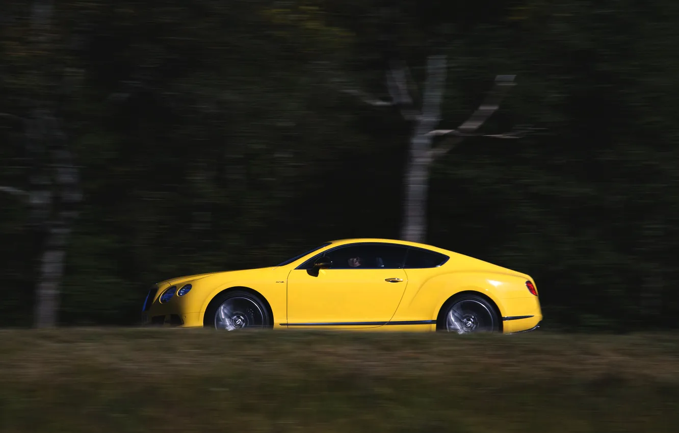 Фото обои Авто, Bentley, Continental, Желтый, Машина, Вид сбоку, В Движении