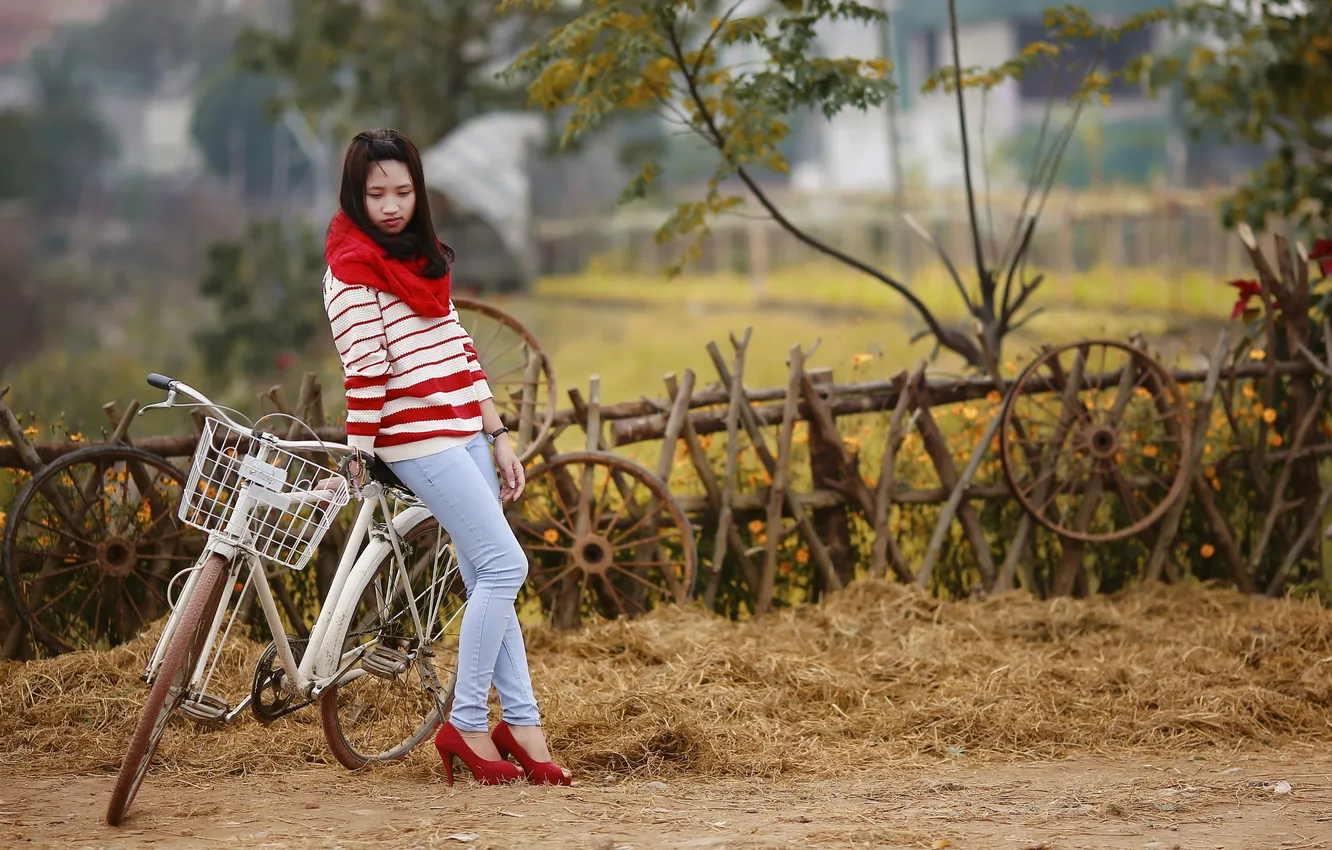 Фото обои девушка, велосипед, азиатка
