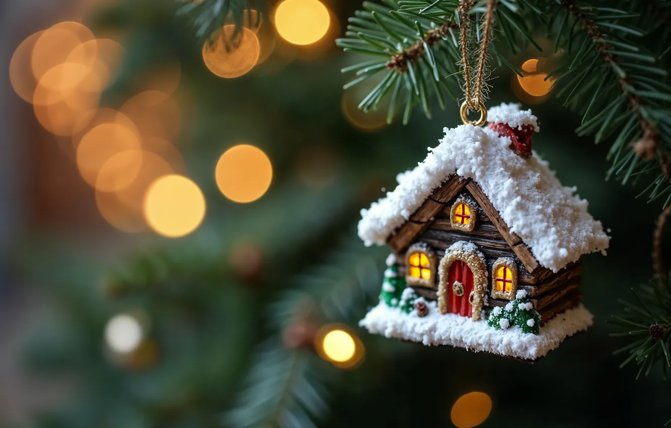 Фото обои украшения, игрушка, елка, Рождество, Новый год, домик, Christmas, tree