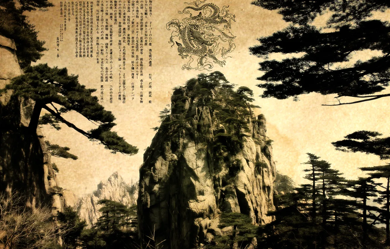 Фото обои горы, дракон, Китай, иероглифы, сосны