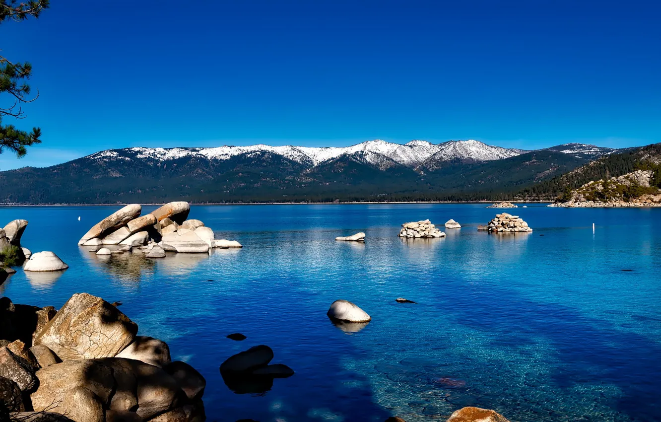 Фото обои горы, озеро, гладь, камни, США, California, Lake Tahoe