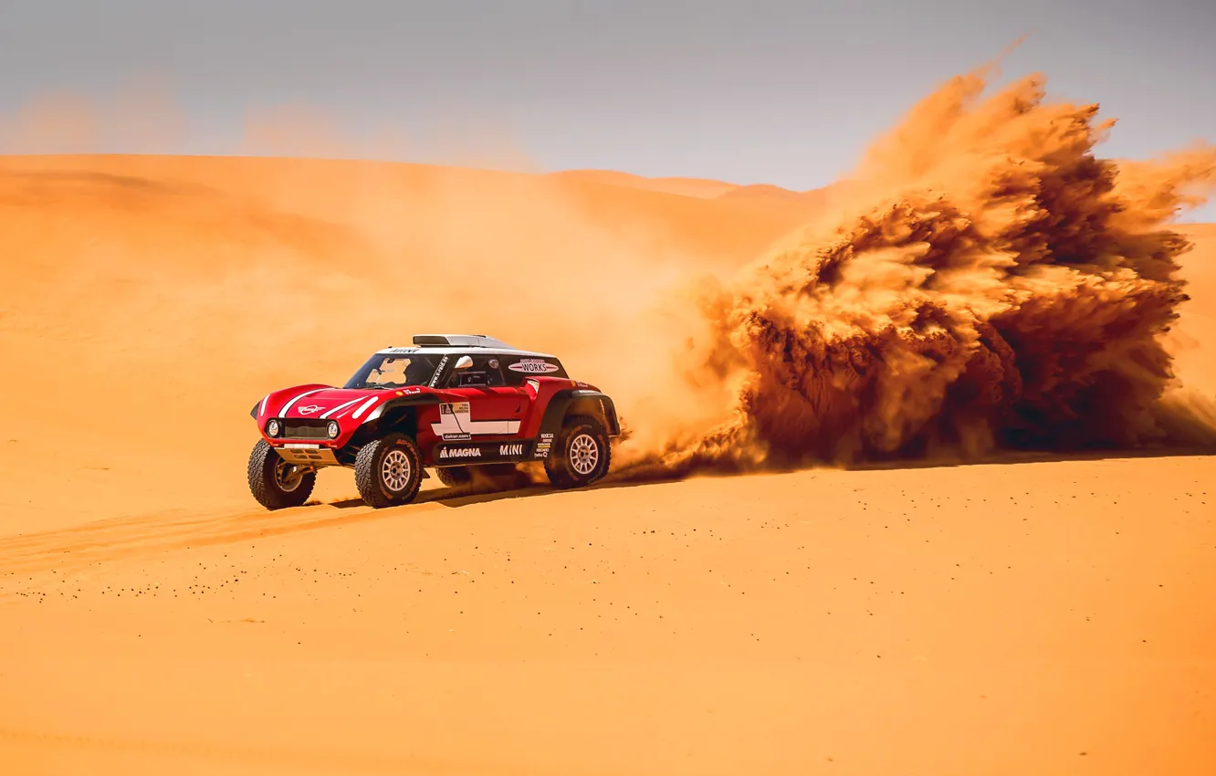 Фото обои Песок, Mini, Спорт, Пустыня, Машина, Скорость, Rally, Dakar