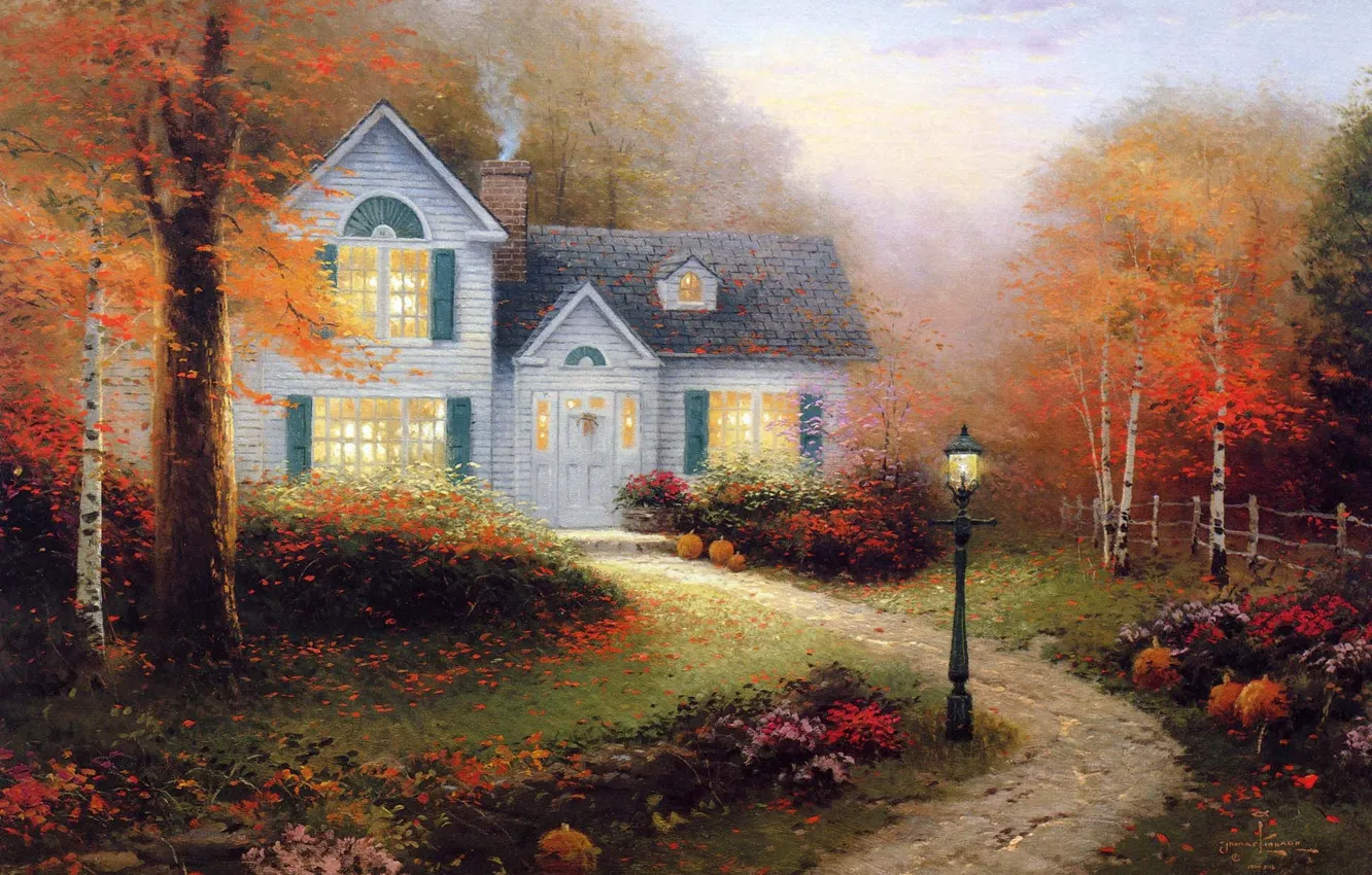 Фото обои осень, свет, дым, картина, фонарь, живопись, коттедж, Thomas kinkade