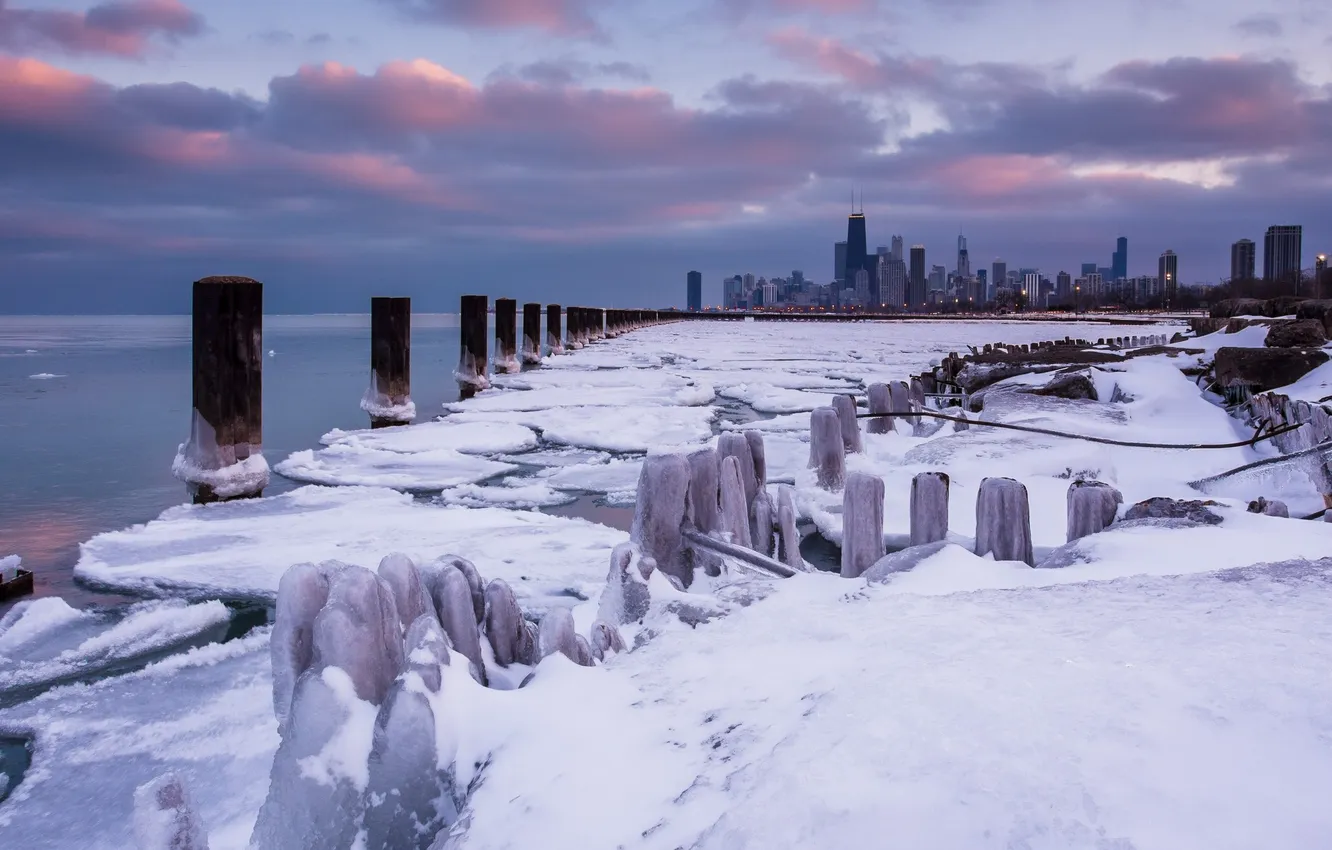 Фото обои зима, снег, city, небоскребы, USA, америка, чикаго, Chicago