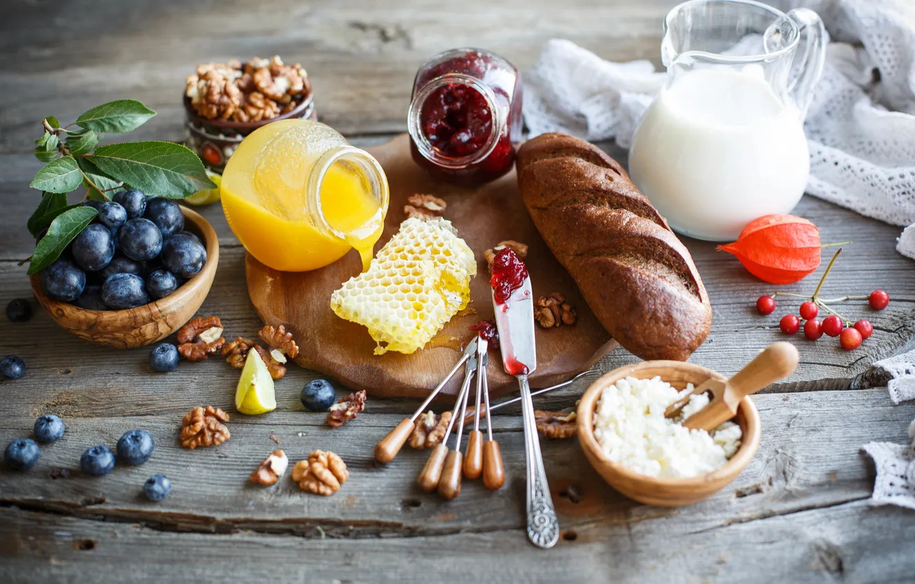 Фото обои ягоды, молоко, хлеб, орехи, натюрморт, мёд, джем, голубика