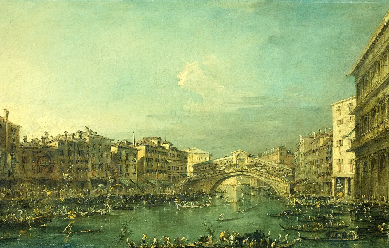 Фото обои масло, картина, холст, Francesco Guardi, Франческо Гварди, 1793, Регата на Большом канале у моста Риальто …