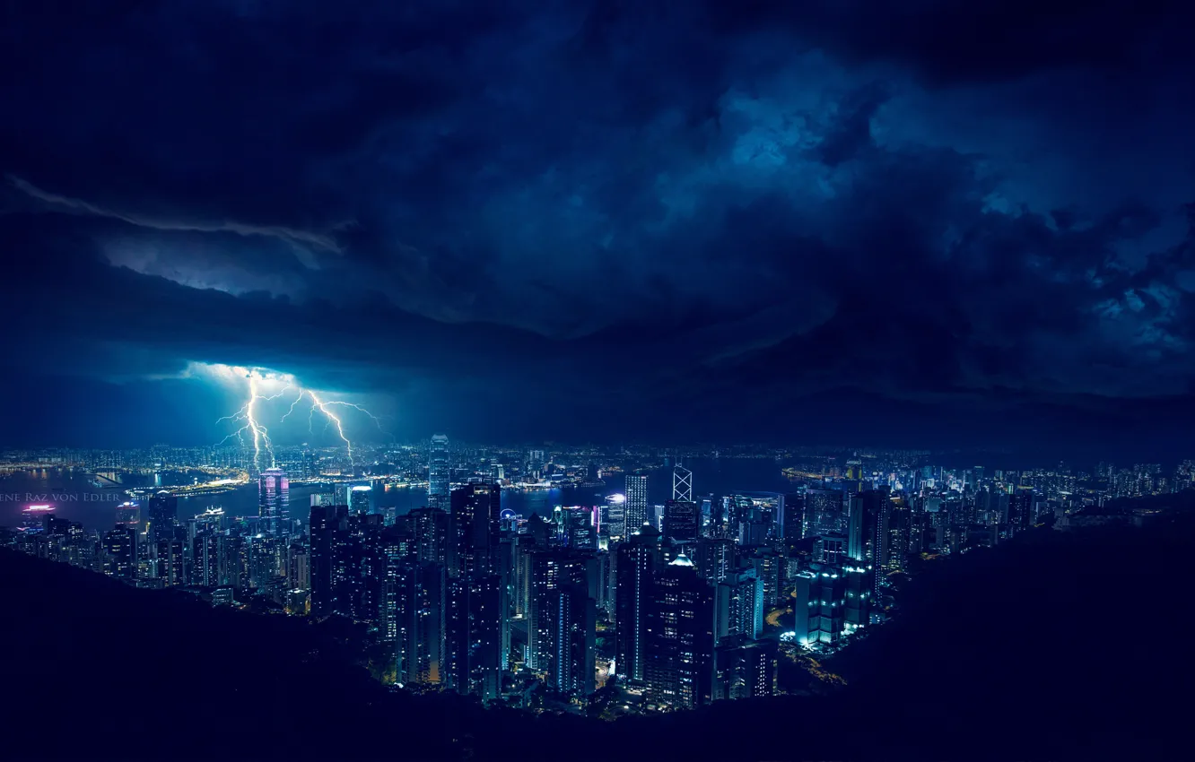 Фото обои ночь, city, город, молния, здания, вспышка, небоскребы, lightning