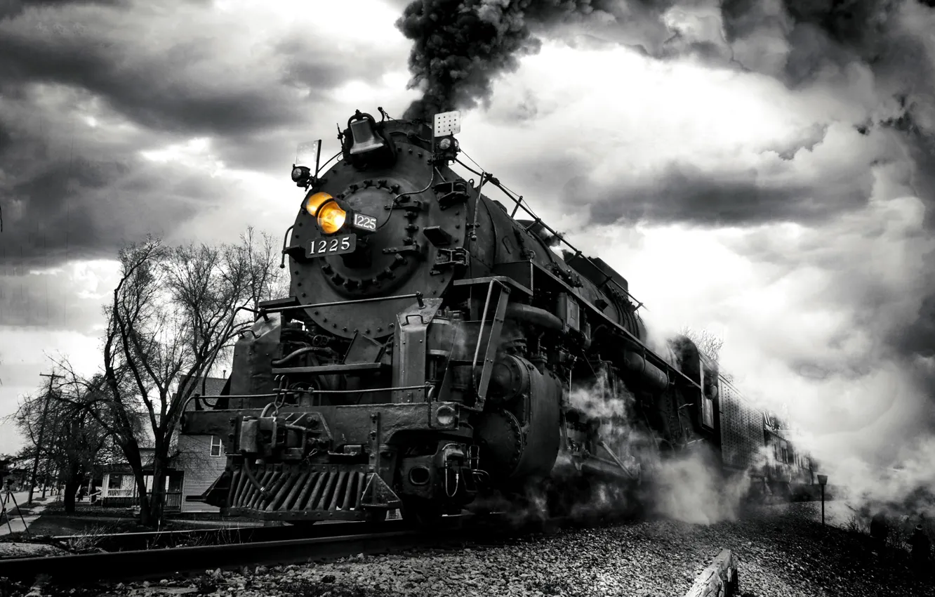 Фото обои дым, поезд, паровоз, чёрно-белая, монохром, насыпь, Наш паровоз вперёд летит!
