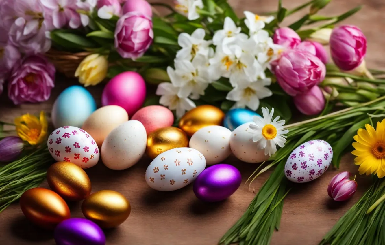 Фото обои цветы, яйца, весна, colorful, Пасха, happy, flowers, spring
