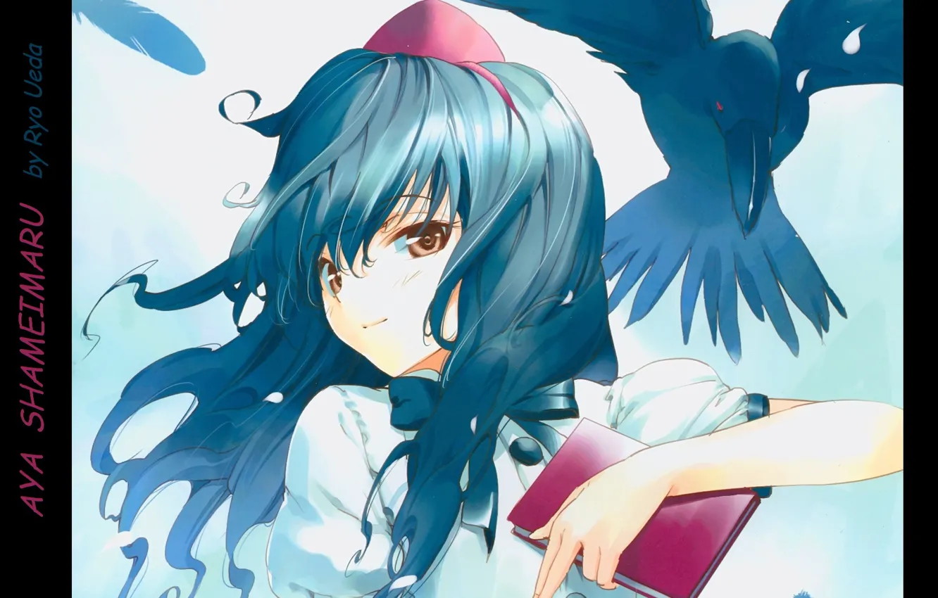 Фото обои книга, ворон, шапочка, Aya Shameimaru, белая блузка, Touhou Project, тенгу, проект Восток