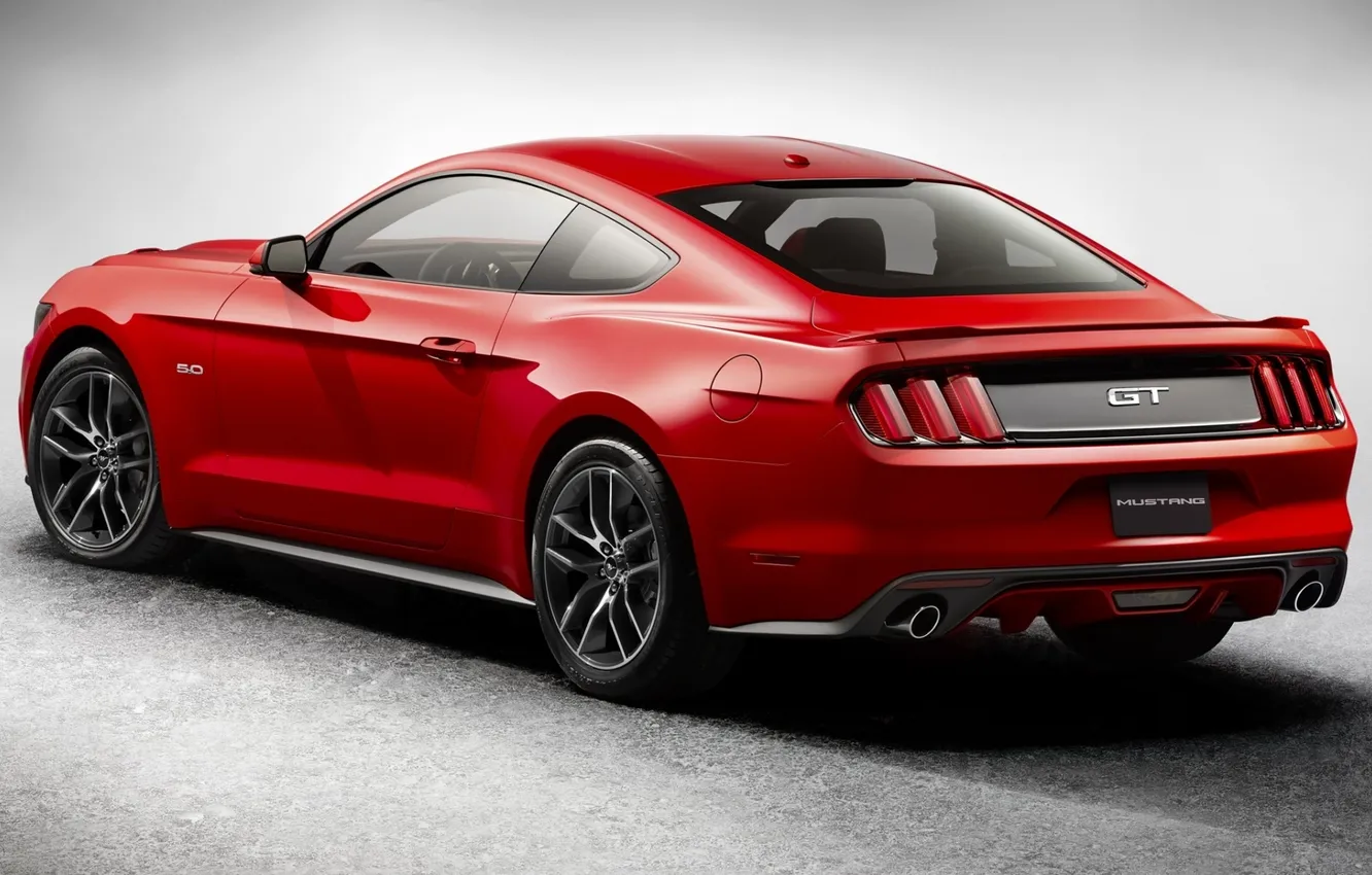 Фото обои красный, Mustang, Ford, Форд, Мустанг, вид сзади, Muscle car, Мускул кар