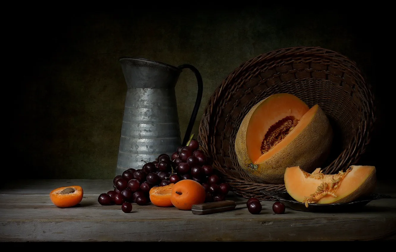 Фото обои корзина, виноград, кувшин, фрукты, натюрморт, дыня, абрикосы