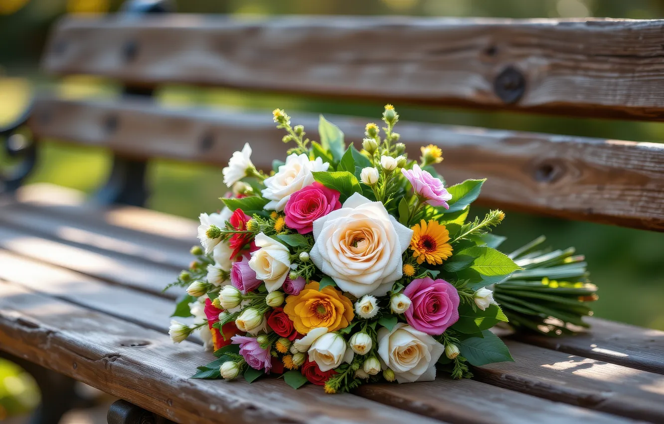 Фото обои цветы, скамейка, парк, розы, букет, лавочка, розовые, белые