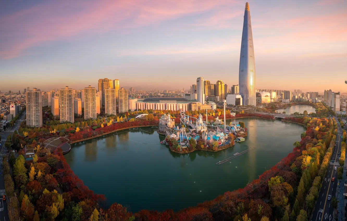 Фото обои осень, озеро, парк, здания, башня, дома, South Korea, Сеул