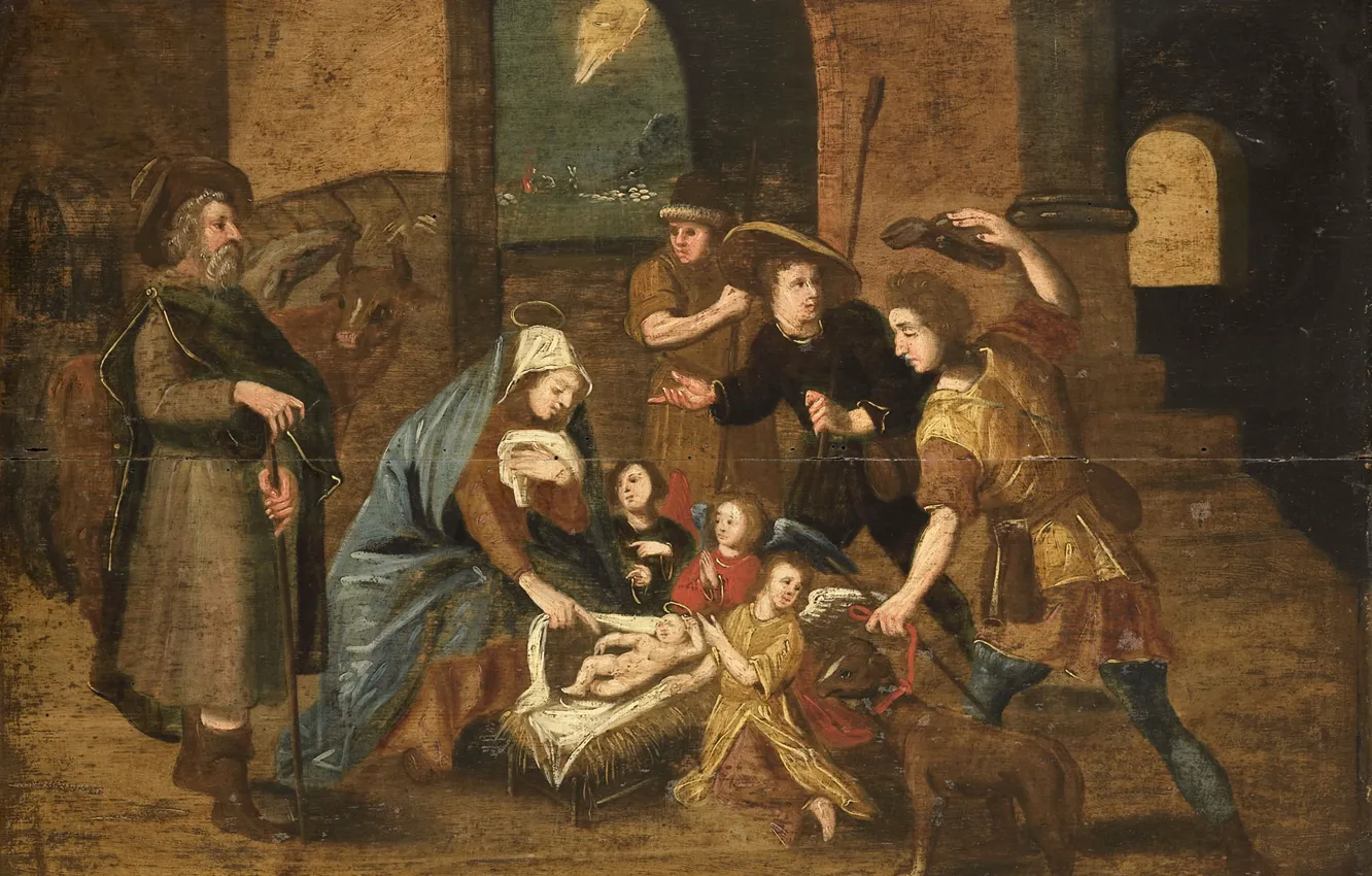 Фото обои масло, картина, мифология, Поклонение Пастухов, 1699, Marten de Vos, Мартин де Вос