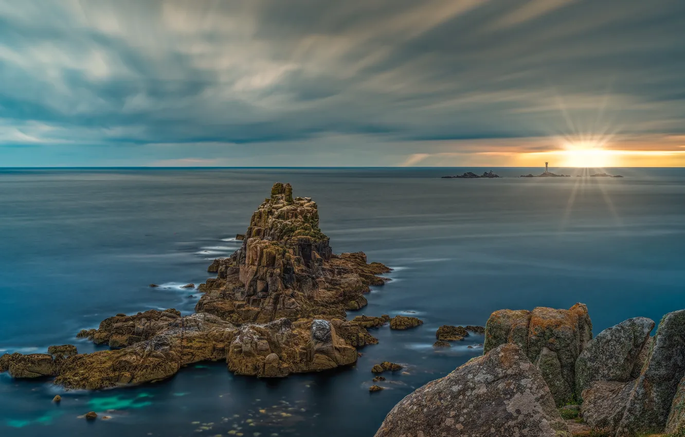 Фото обои море, скалы, рассвет, Англия, утро, Cornwall