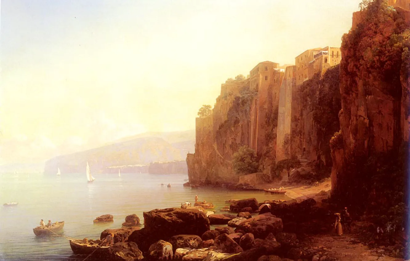 Фото обои море, туман, камни, скалы, лодка, человек, дома, дымка