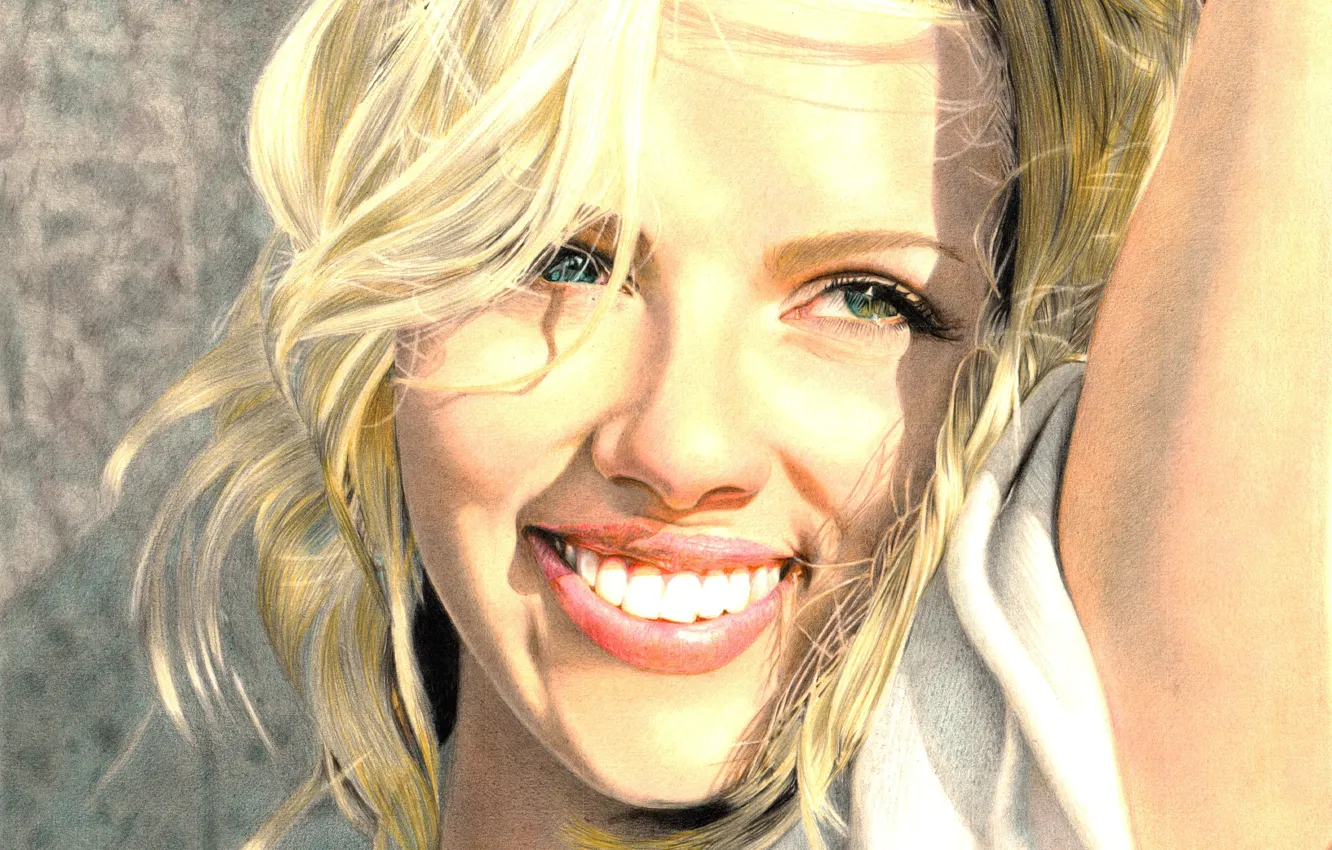 Фото обои улыбка, актриса, Scarlett Johansson, блондинка, живопись, зеленые глаза