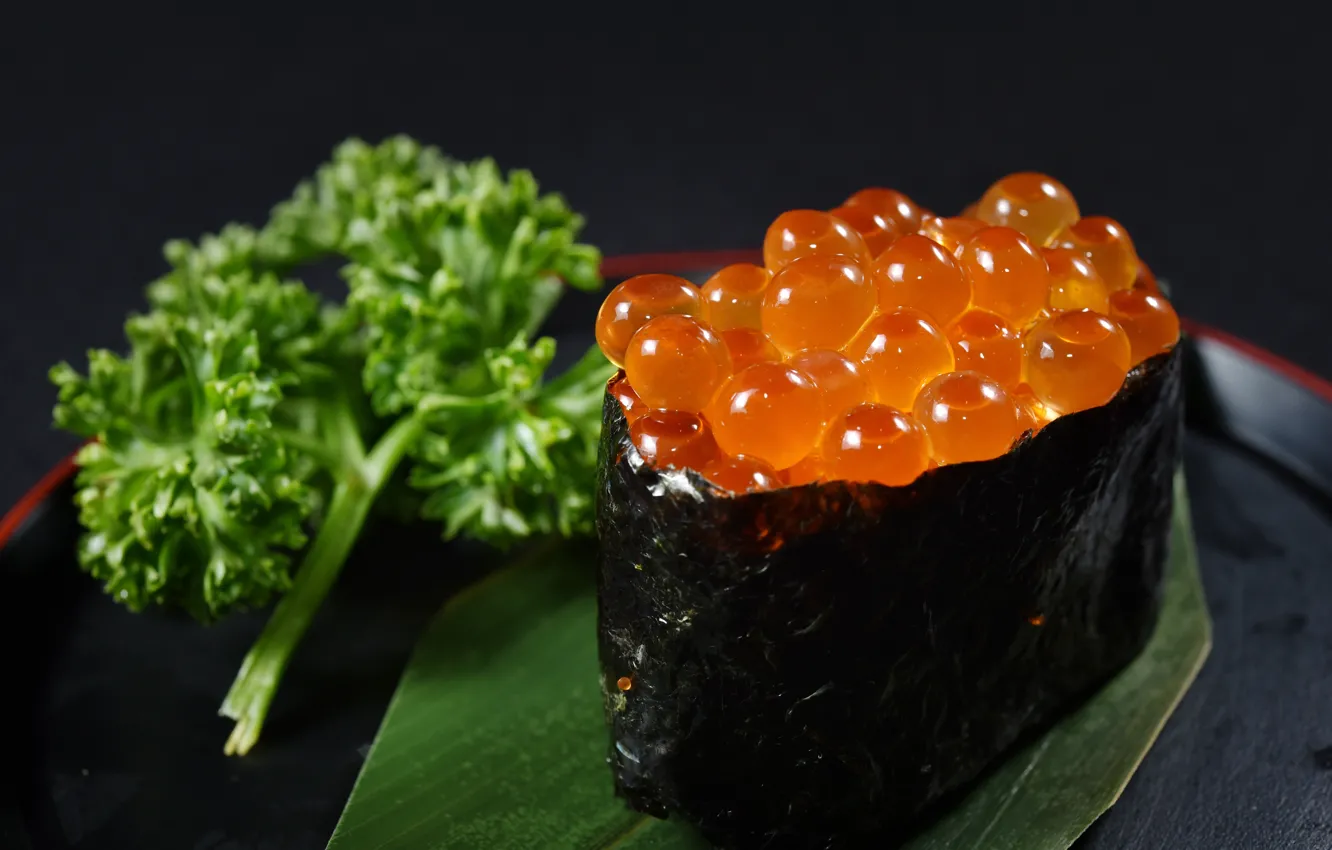 Фото обои зелень, макро, фон, икра, sushi, суши, морепродукты, caviar