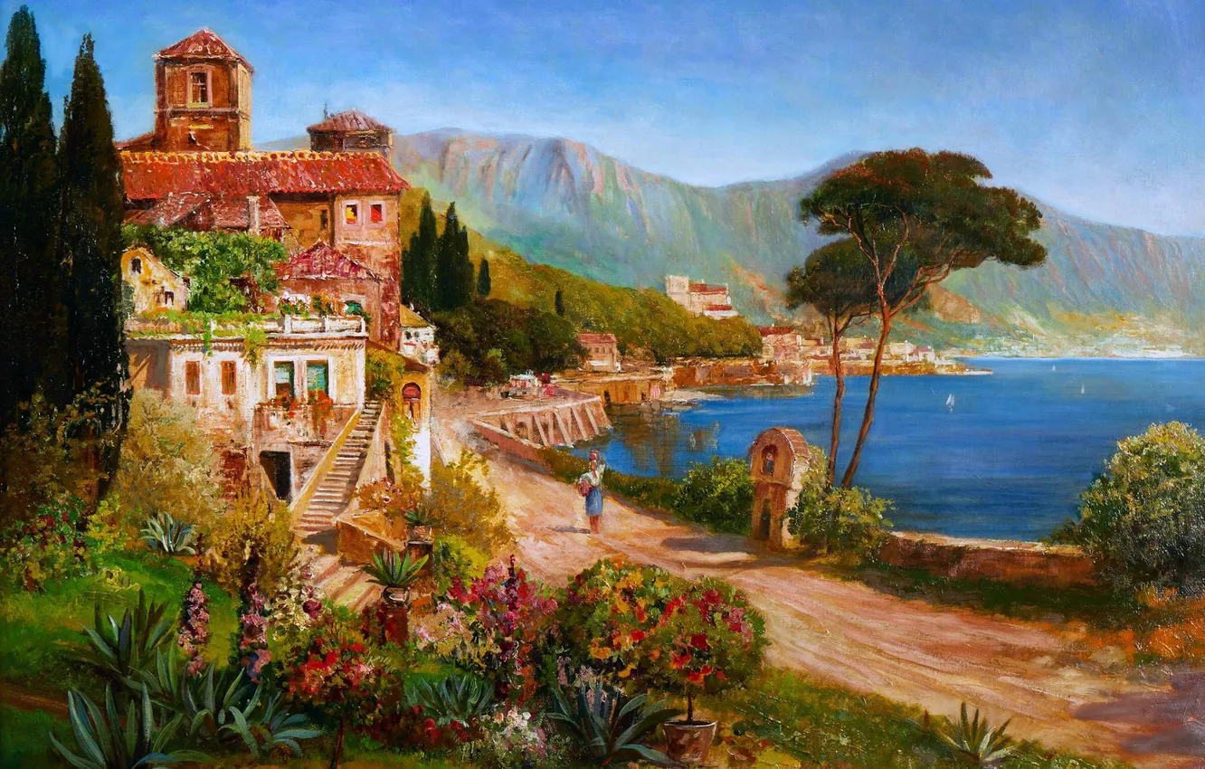 Фото обои Вода, Дома, Девушка, Деревья, Гора, Картина, Alois Arnegger, Алоис Арнеггер