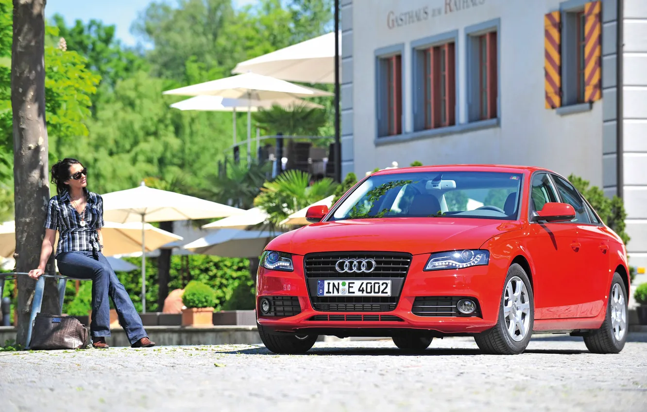 Фото обои зелень, девушка, Audi, Девушки, красный авто