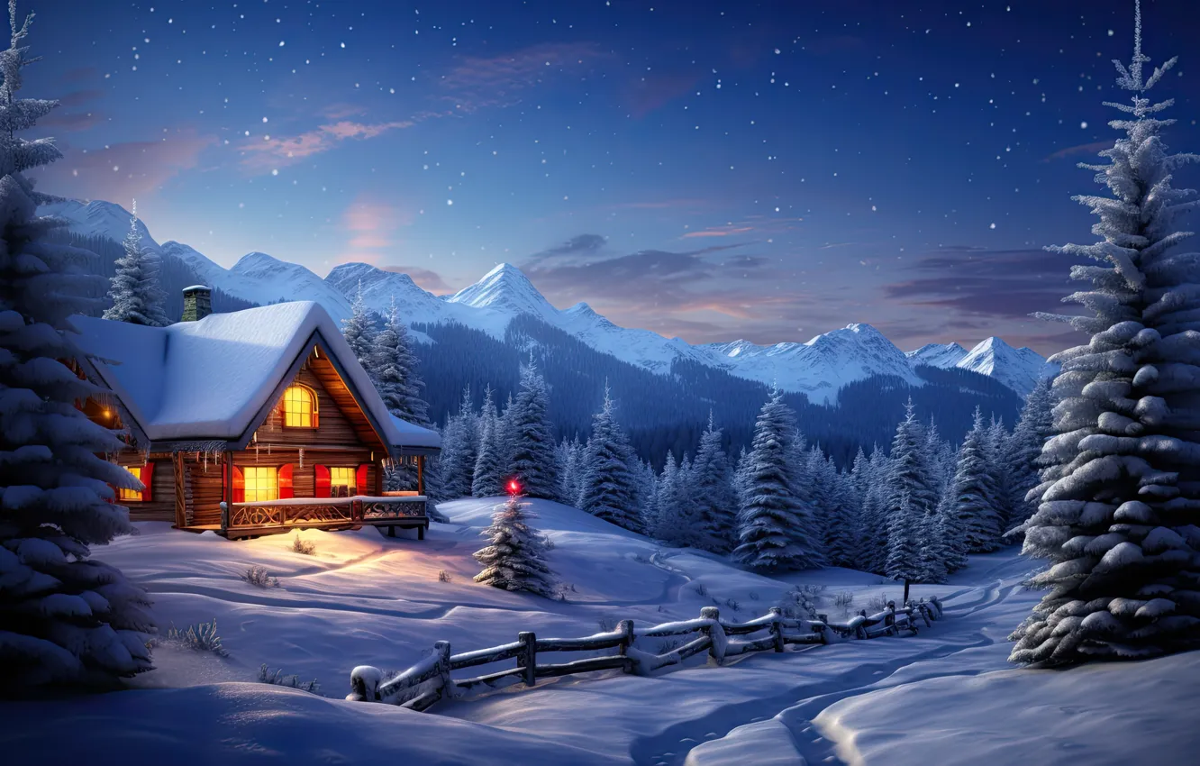 Фото обои зима, лес, снег, ночь, дом, Рождество, Новый год, домик
