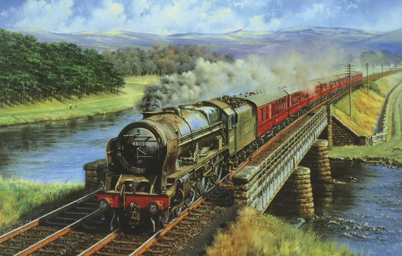 Фото обои мост, природа, река, дым, рельсы, вагоны, Поезд