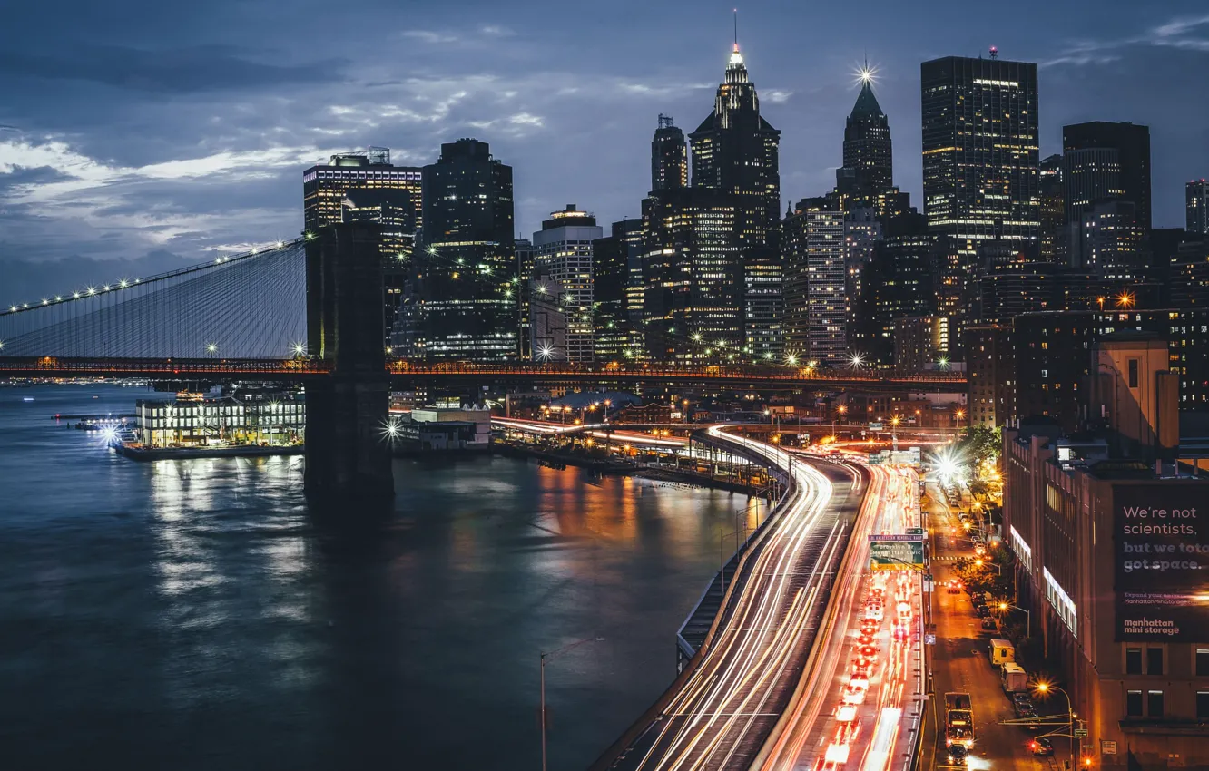 Фото обои ночь, мост, город, огни, США, Нью Йорк