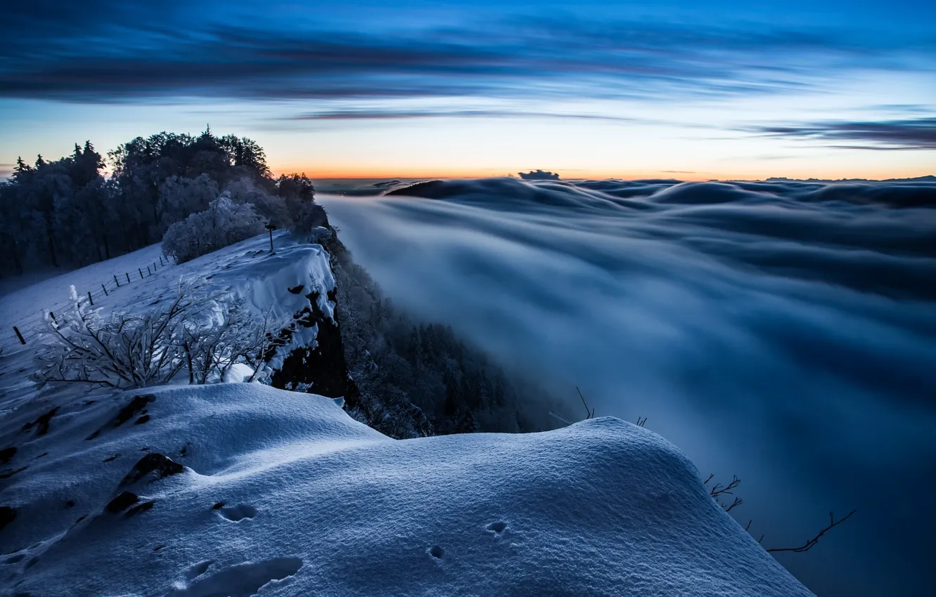 Фото обои зима, горы, природа, туман, утро
