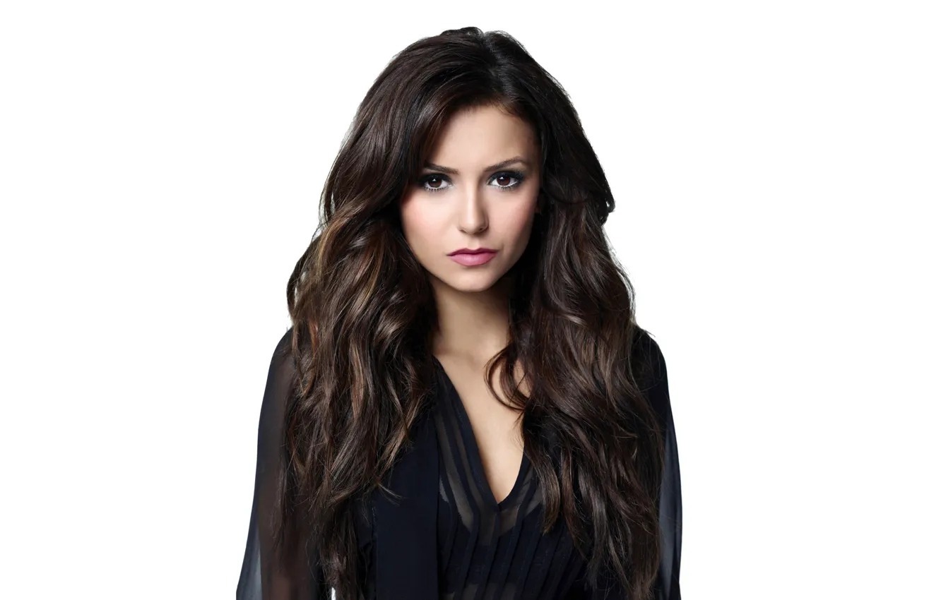 Фото обои взгляд, волосы, макияж, актриса, Nina Dobrev, Нина Добрев, hair, фон белый